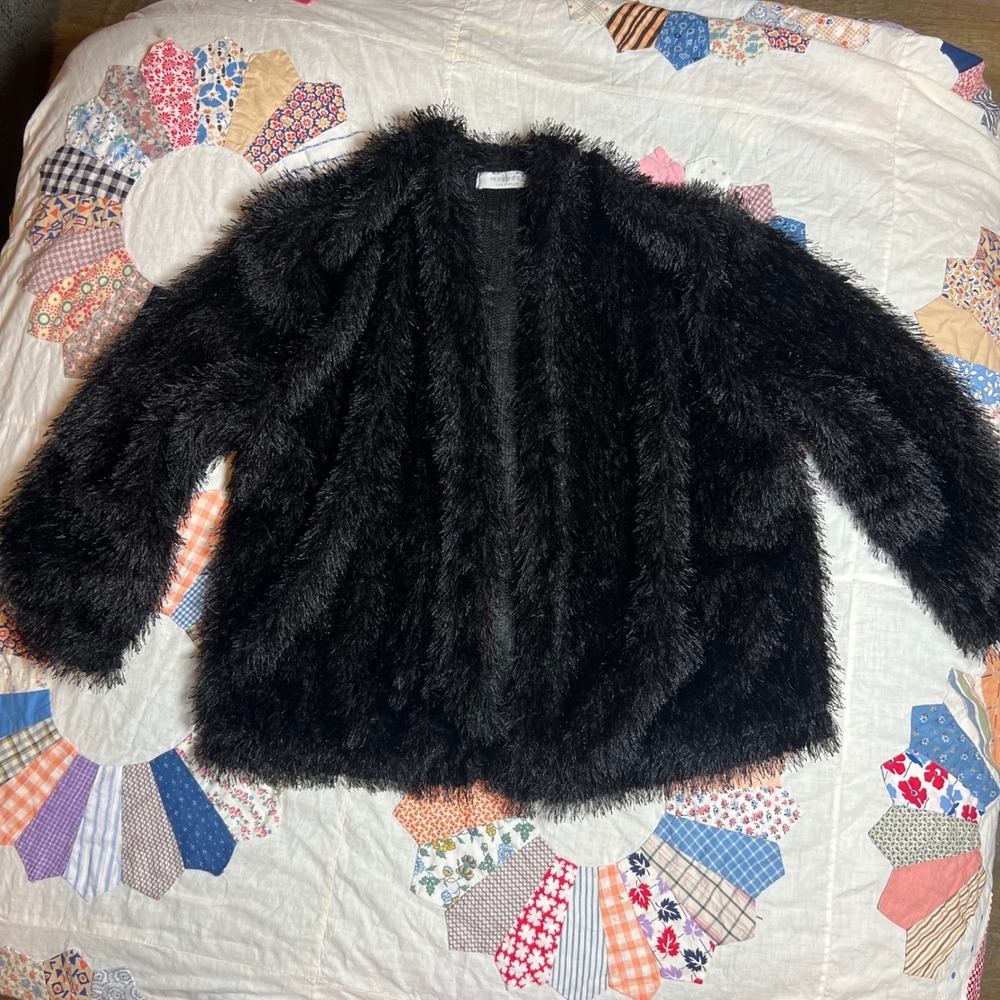 Mododoc‎ Los Angeles Black Shaggy Faux Fur Open Front Jacket Small Eyelash Knit